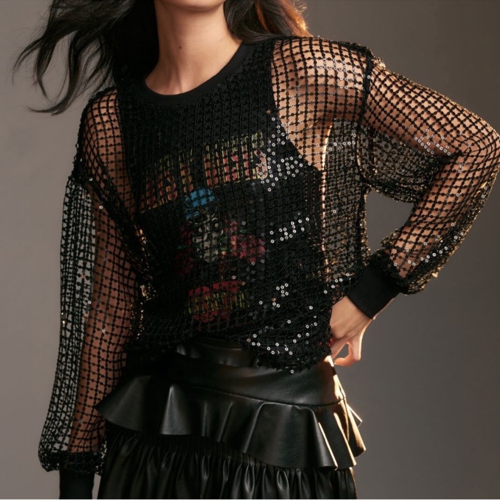 NWT Pilcro Anthropologie Long Sleeve Sequin Shine Top Size M Guns N Roses 87